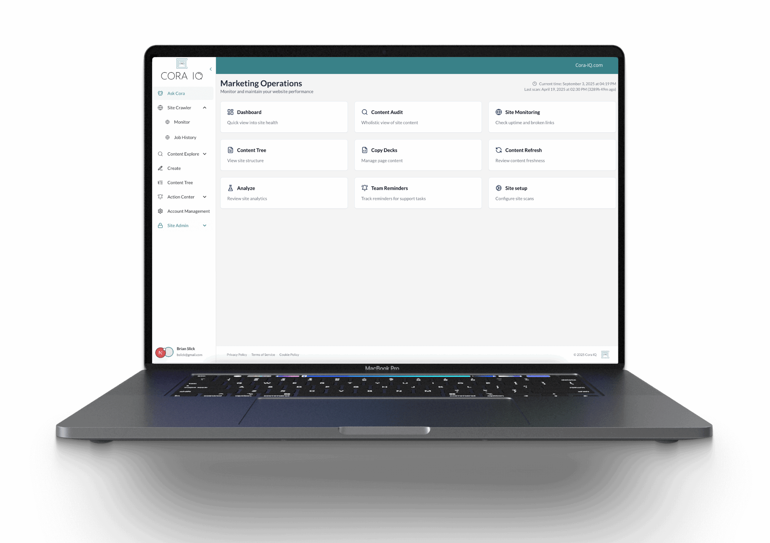 Cora IQ dashboard mockup on macbook pro