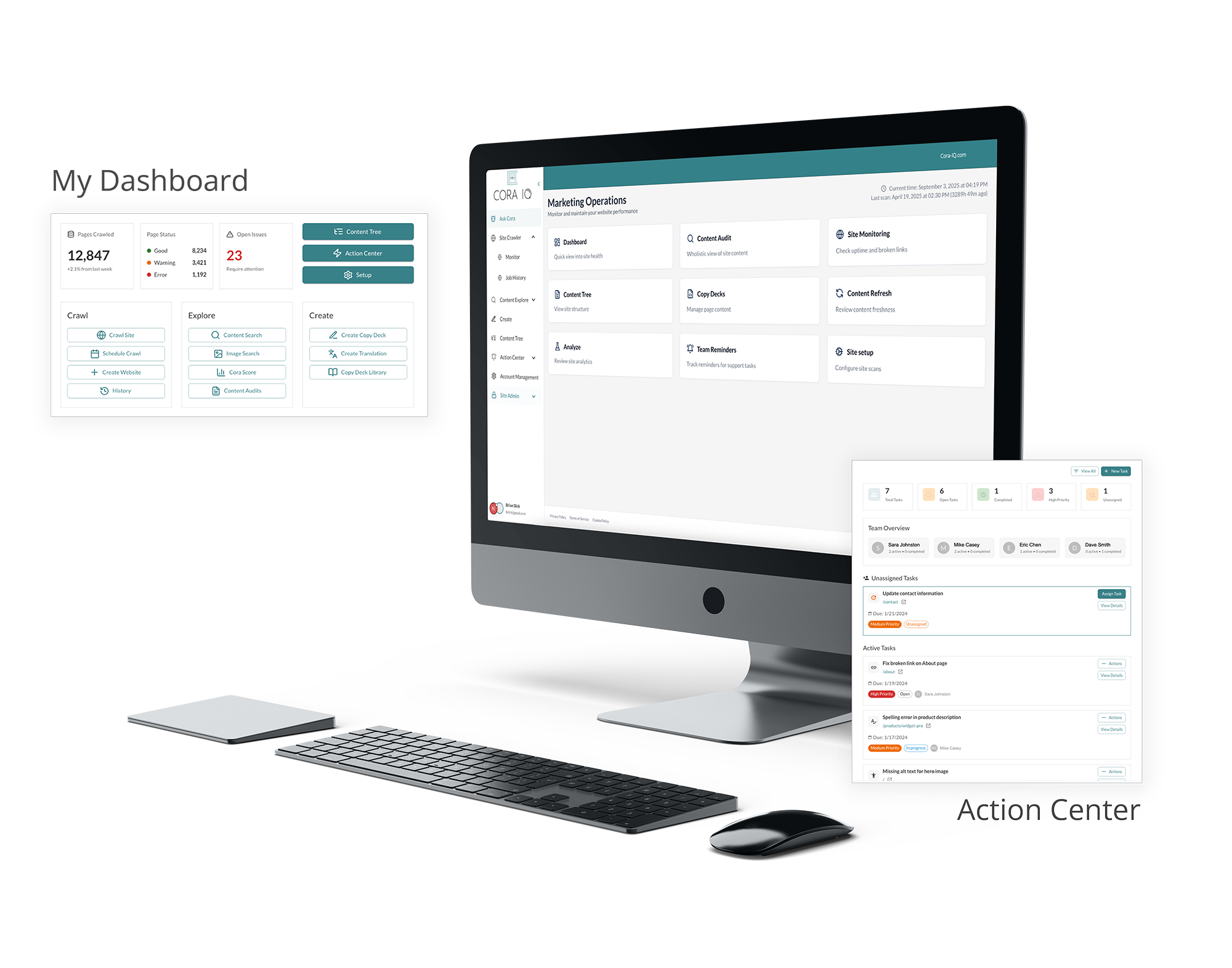 Cora IQ dashboard mockup views on computer desktop